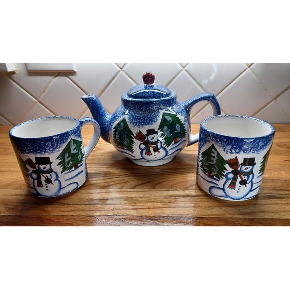 Snowman Teapot and 2 Snowman Mugs Blue Ceramic Christmas Winter - Picture 3 of 16